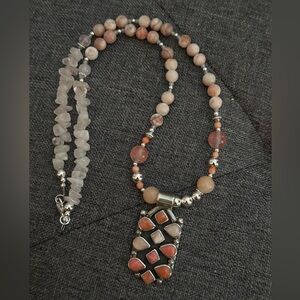 Beautiful Coral & Quartz Beaded Necklace with Sterling & Stone Pendant